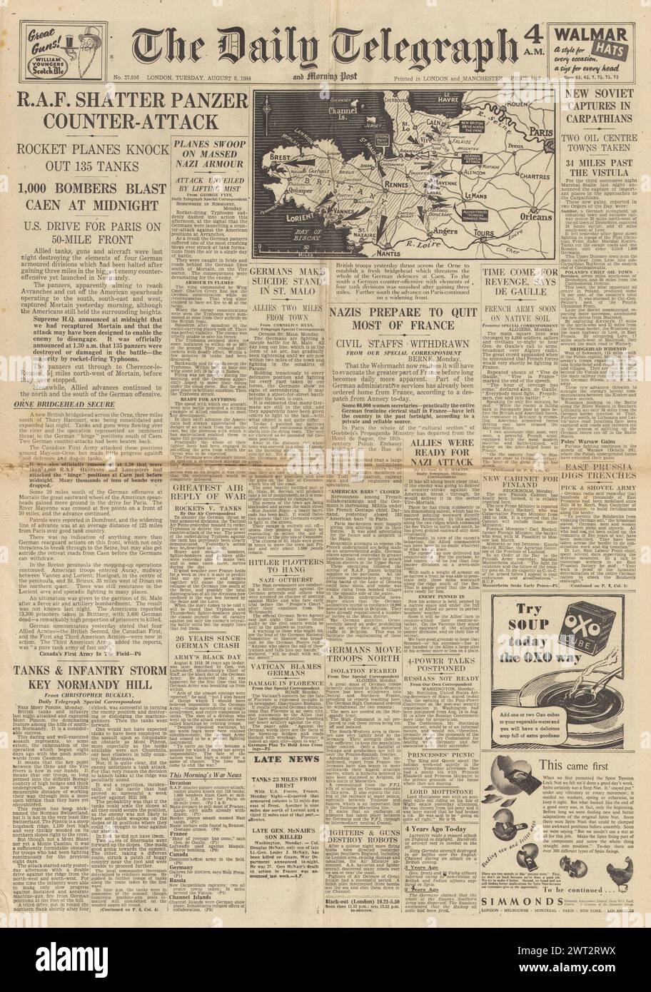 1944 die Titelseite des Daily Telegraph berichtet, dass die deutsche Front der RAF Bombe in Frankreich und der Bombenanschlag am 20. Juli hingerichtet wurde Stockfoto