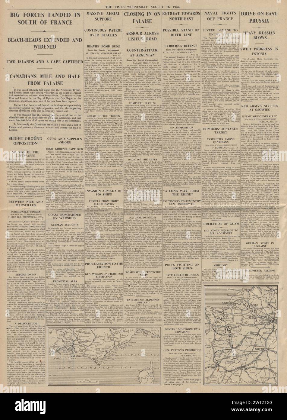 1944 meldete die Times, dass Alliierte Südfrankreich einmarschieren, um die Normandie kämpfen, Guams Befreiung befreien, sich durch die Falaise Gap zurückziehen und die Rote Armee auf Ostpreußen vorstoßen Stockfoto
