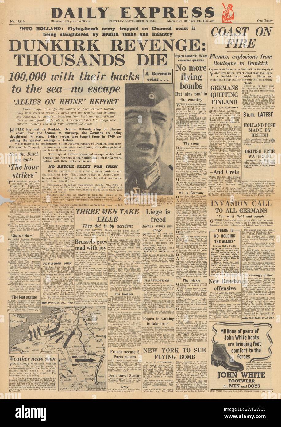 1944 Daily Express-Titelseite: Schlacht um Dünkirchen, Alliierte erobern Lille und Lüttich, deutsche Truppen verlassen Finnland und V1-Raketenangriffe werden eingestellt Stockfoto