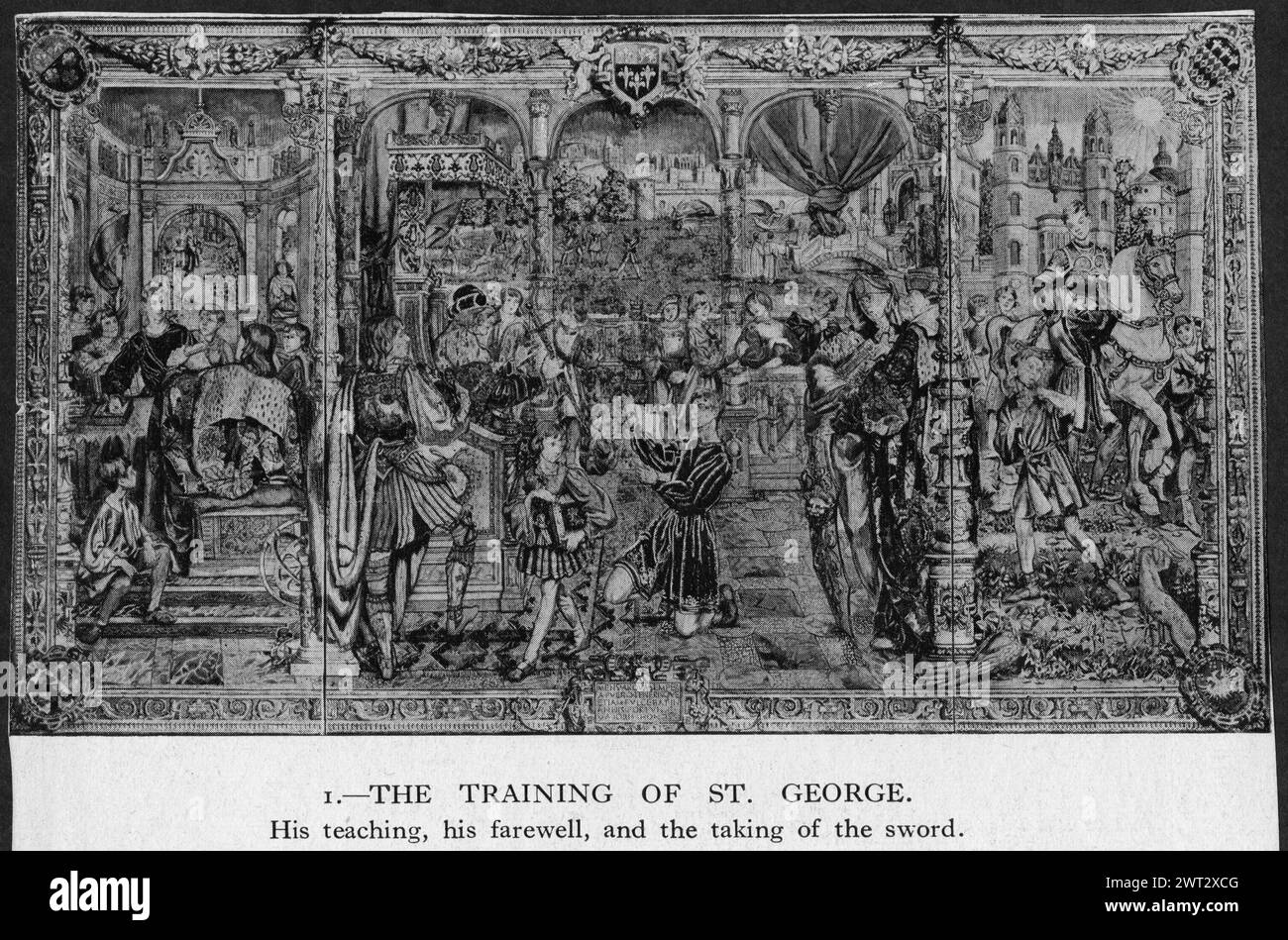 Ausbildung von St. George. Chilston, Lady (britisch, ACT.1922) (Autor des Designs) [Maler] Sleath, William (britisch, ACT. CA.1885-1922) (Werkstatt) [Weber] Carter, Richard (Britisch, ACT. CA.1896-1922) (Werkstatt) [Weber] Carnegie, H. (Britisch, Act. CA.1896-1922) (Workshop) [Weaver] Reed, Frederic (British, ACT.1922) (Workshop) [Weaver] Russell, Edward (British, ACT.1922) (Workshop) [Weaver] c. 1922-1927 Gobelin Abmessungen: H 8' x B 14' Gobelin Materialien/Techniken: Unbekannt Kultur: Englische Besitzgeschichte: England, Berkshire, Windsor, Eton College. George wird angewiesen (L); George kniet Stockfoto
