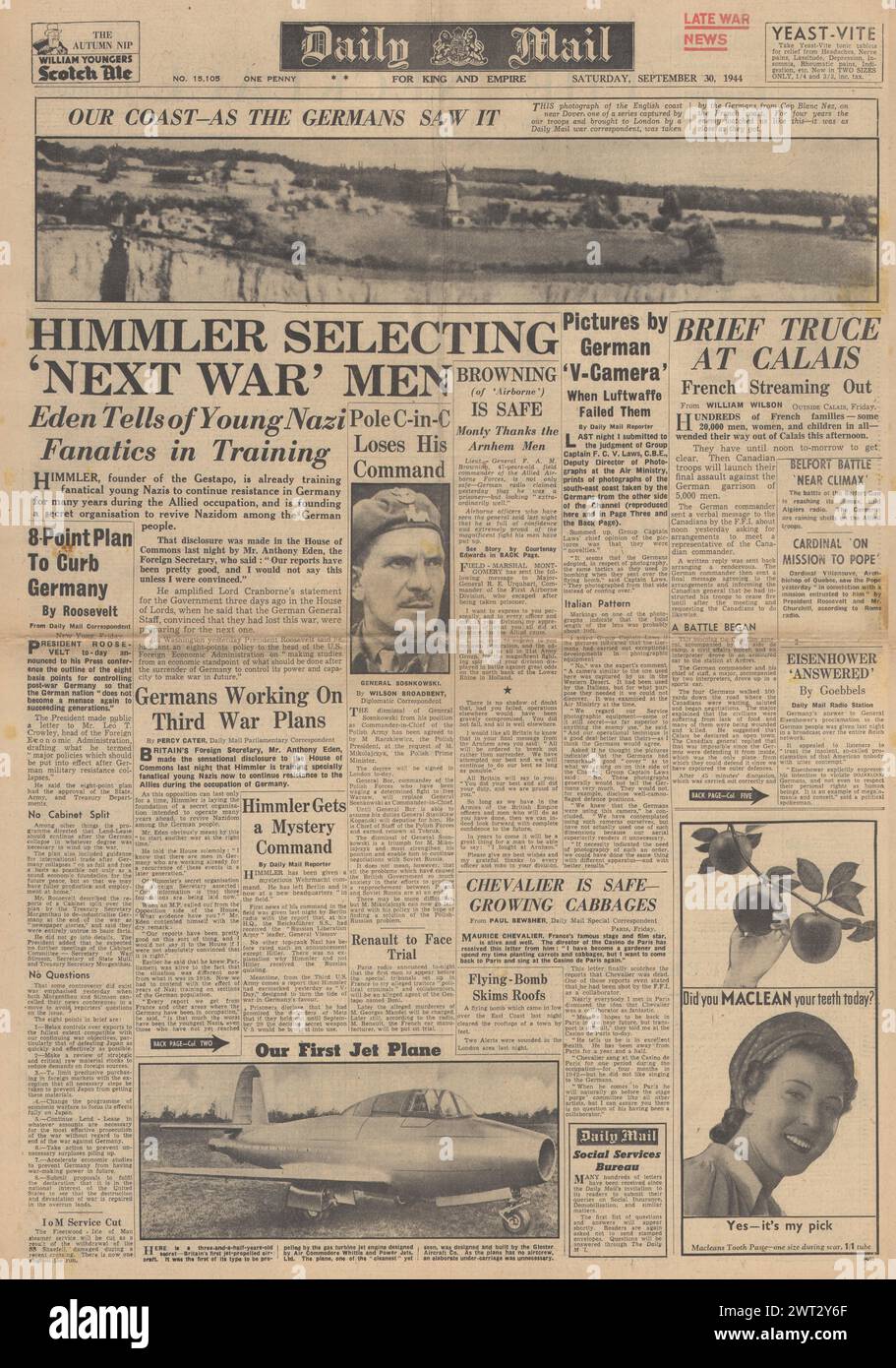 1944 Daily Mail Titelseite: Schlacht für Holland, Bor Komorowski neuer Befehlshaber der polnischen Streitkräfte, Schlacht bei Arnheim, Eroberung von Cap Gris Nez und Gloster Meteor Stockfoto