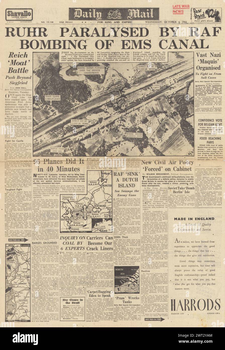1944 Daily Mail-Titelseite, die die RAF-Bombe am Ems-Kanal meldet Stockfoto
