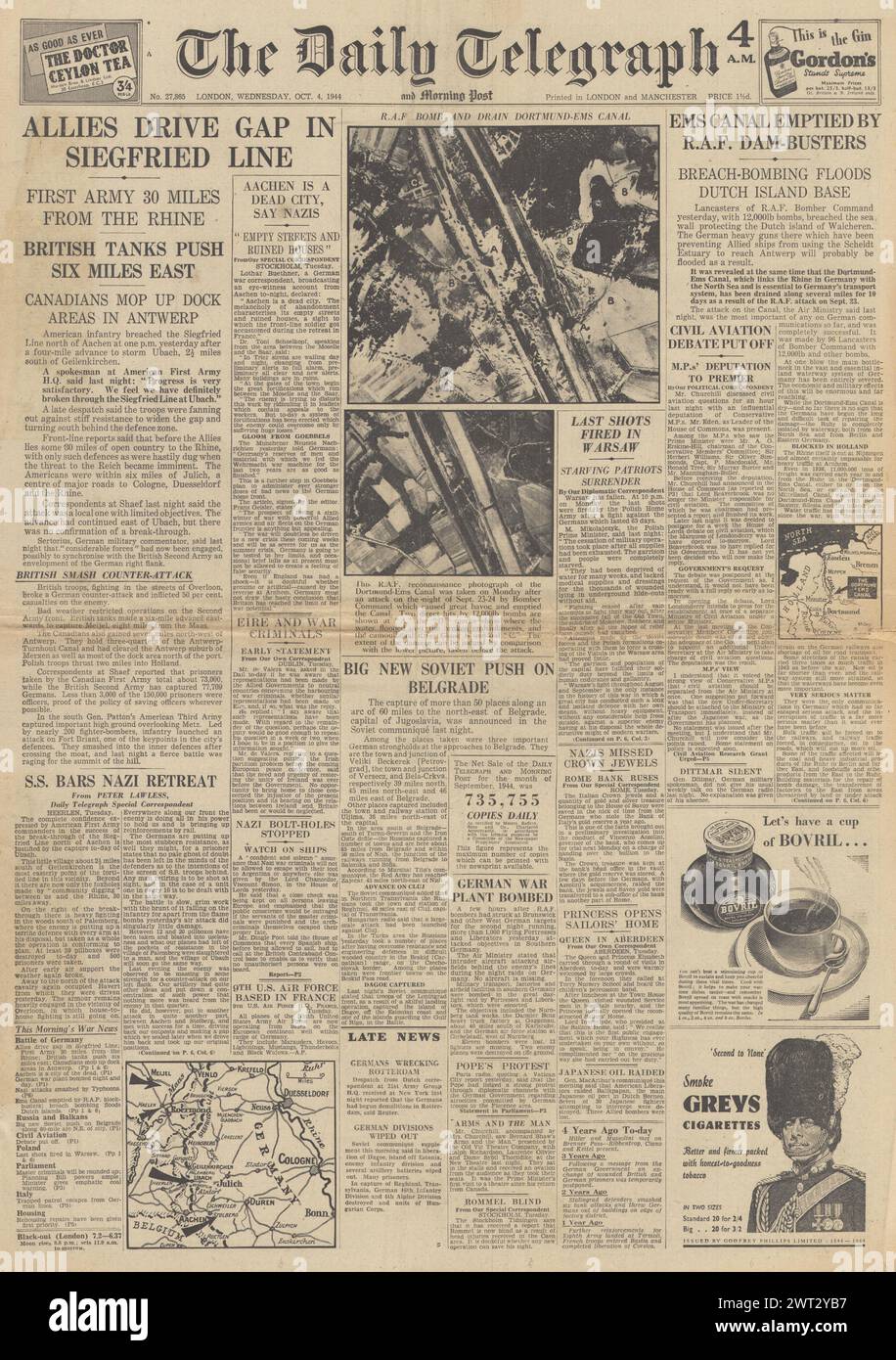 1944 die Titelseite des Daily Telegraph berichtet, dass die Alliierten die Siegfried-Linie brechen, den Ems-Kanal der RAF bombardieren, die Bombardierung der Walcheren-Insel und der Warschauer Aufstand enden Stockfoto