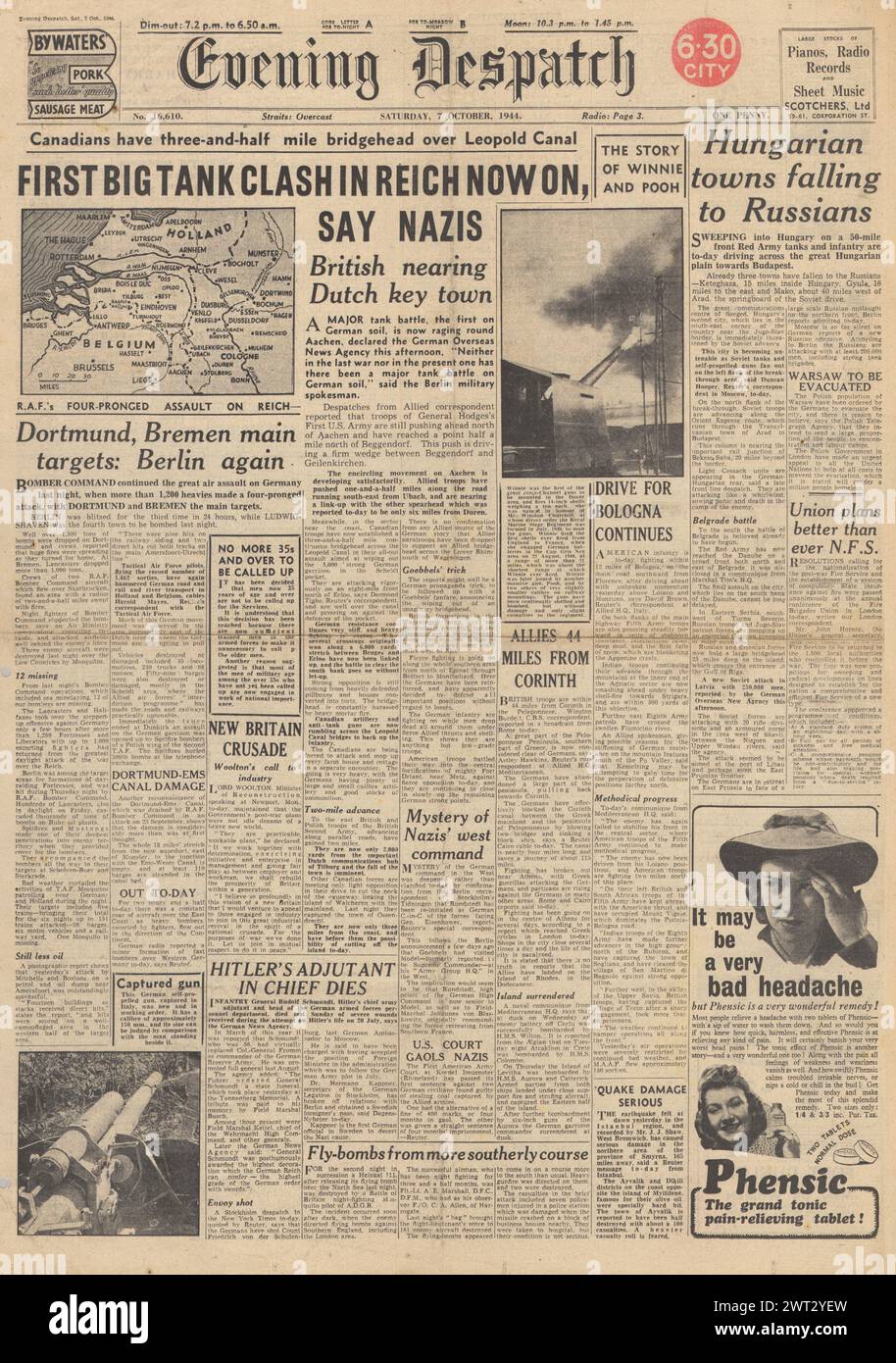 1944 Abendversand-Titelseite, die Panzerschlacht bei Aachen, den Vormarsch der Roten Armee in Richtung Budapest und die RAF Bombe Dortmund und Bremen berichtet Stockfoto