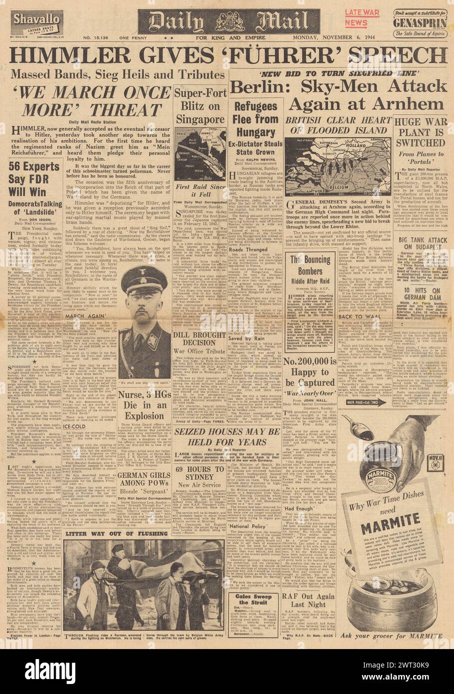 1944 Daily Mail-Titelseite berichtet über Himmler-Rede in Berlin, Fallschirmjäger greifen auf Arnheim an und die US-Luftwaffe greifen Singapur an Stockfoto