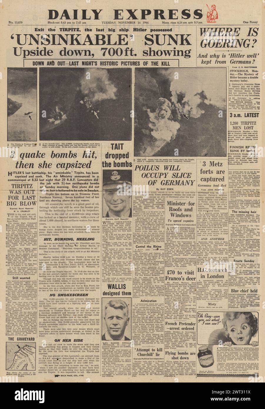 1944 Daily Express-Titelseite meldet, dass RAF den Tirpitz versenkt Stockfoto