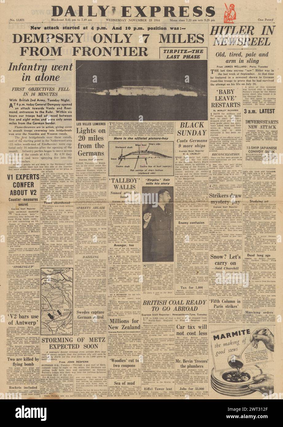 1944 Daily Express-Titelseite berichtet über den Untergang der Tirpitz und den Vormarsch der britischen Zweiten Armee in Richtung deutscher Grenze Stockfoto