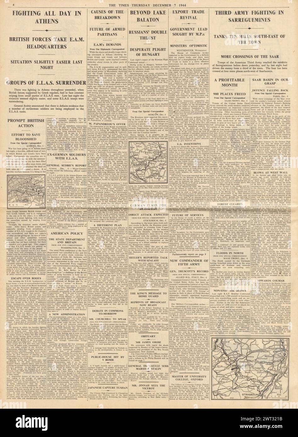 1944 berichtete die Times über Unruhen in Athen, die Schlacht um Sarreguemines und die Rote Armee jenseits des Balaton Stockfoto