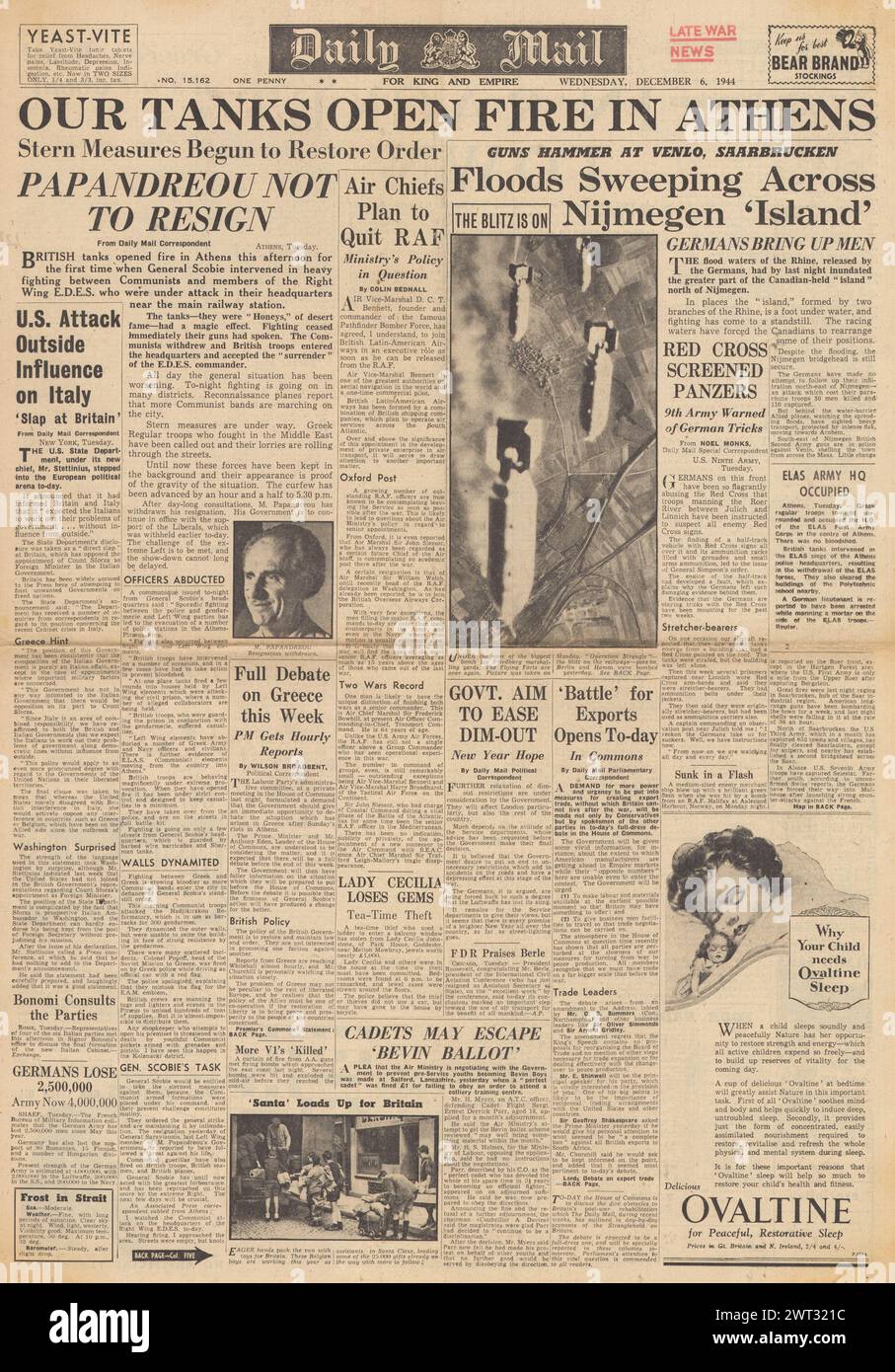 1944 Daily Mail Titelseite berichtet über Unruhen in Athen und Alliierten Shell Venlo und Saarbrücken Stockfoto