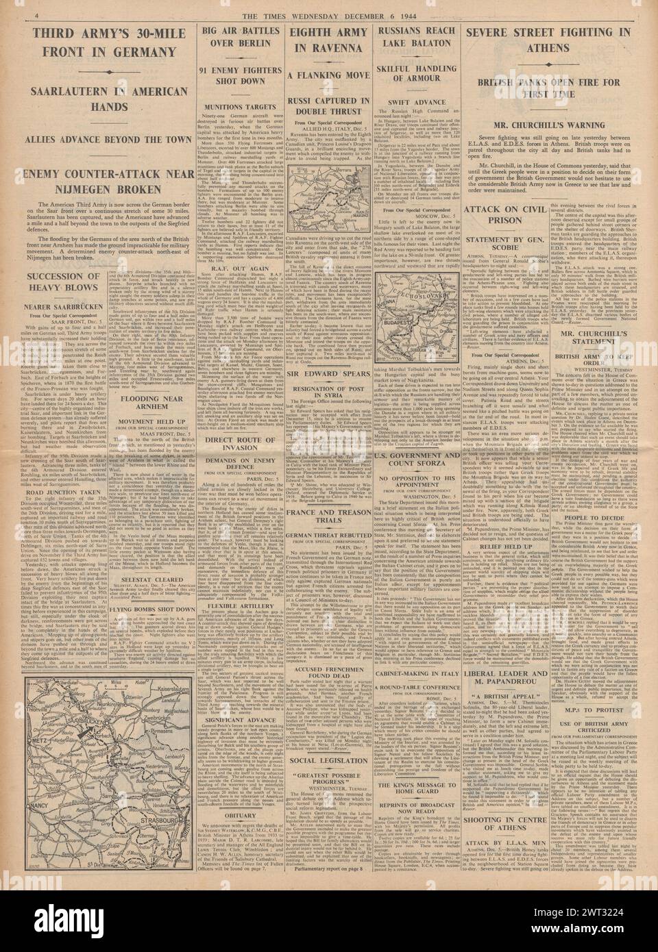 1944 meldete die Times Unruhen in Athen, die Alliierten beschießen Venlo und Saarbrücken, die achte Armee eroberte Ravenna und die Rote Armee erreichte den Balaton Stockfoto