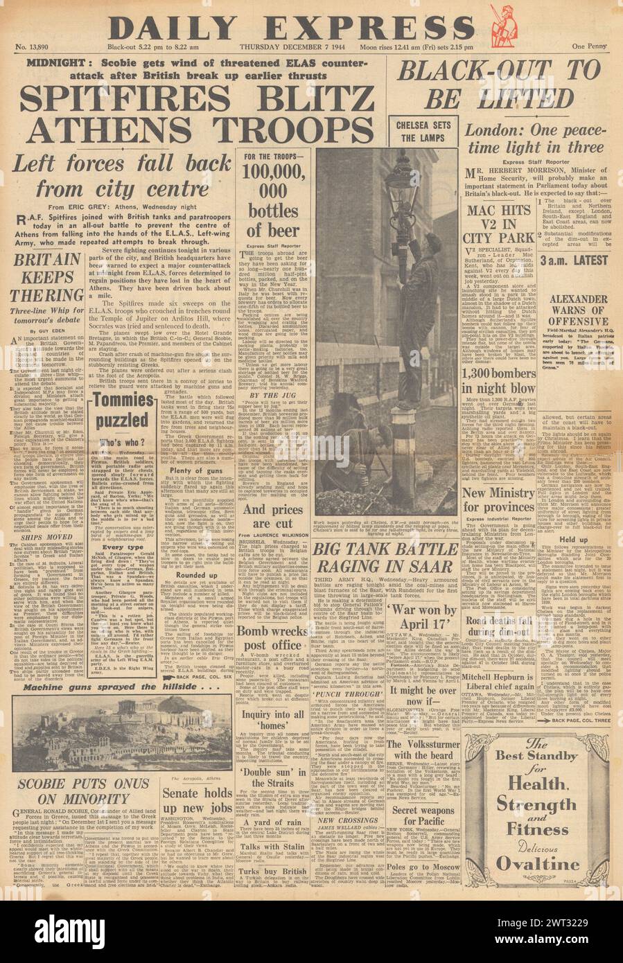 1944 Daily Express-Titelseite meldet, dass Spitfire in Athen Unruhen und Black Out aufgehoben werden sollen Stockfoto
