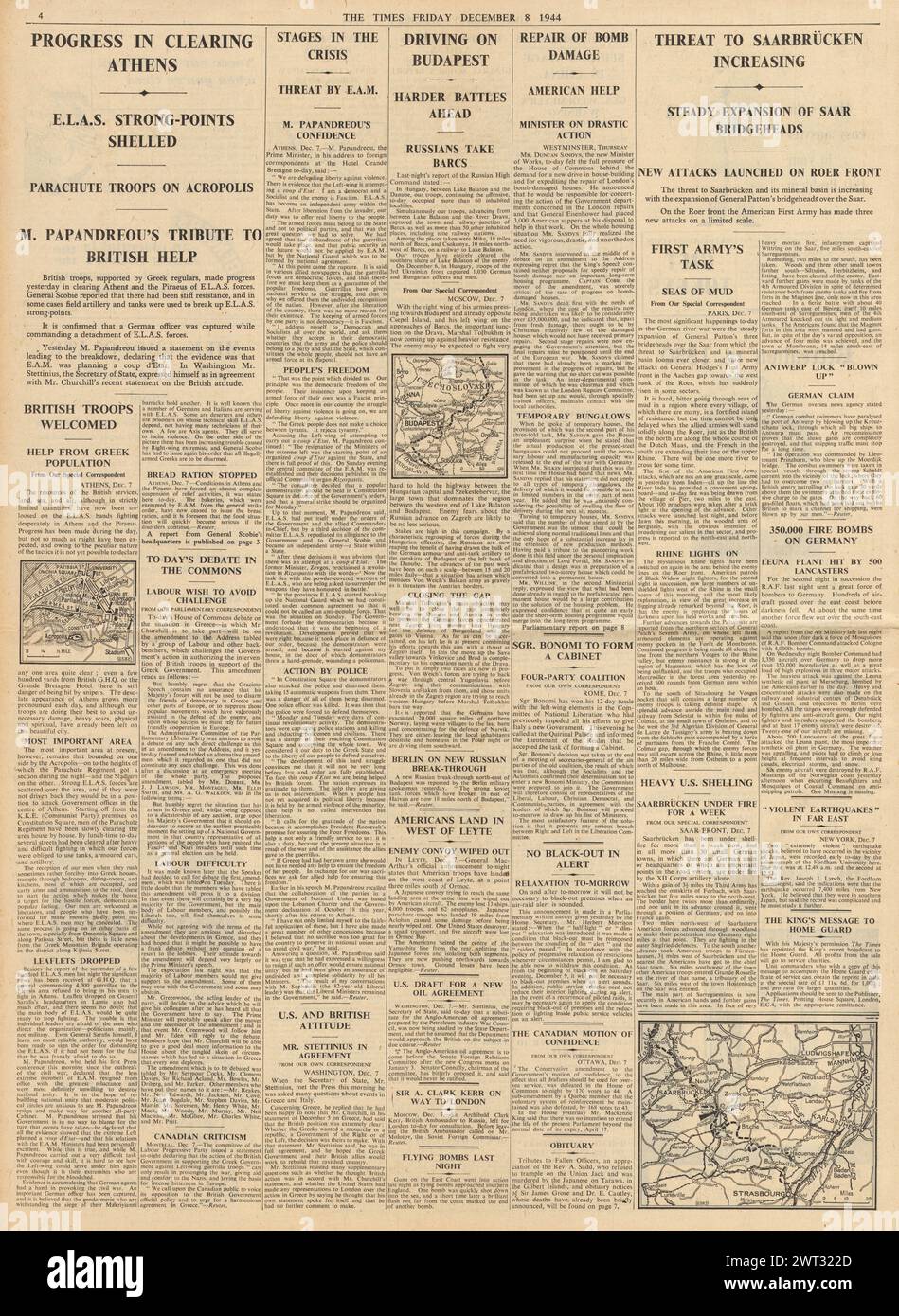 1944 die Times meldet Unruhen in Griechenland, US-Streitkräfte drohen Saarbrücken und Rote Armee auf Budapest zu fahren Stockfoto