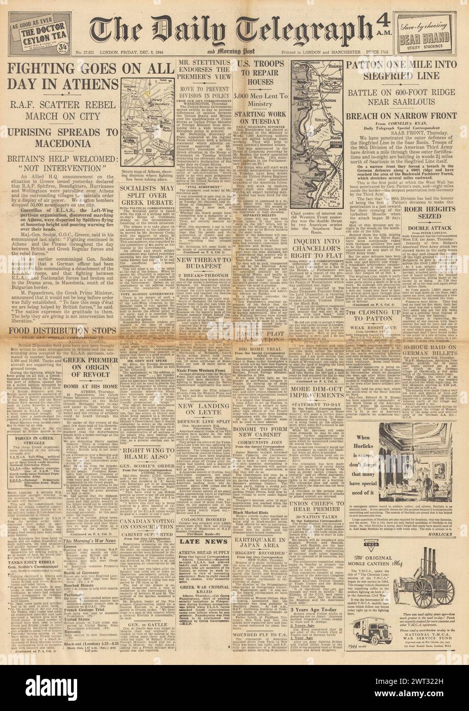 1944 die Titelseite des Daily Telegraph berichtet über Unruhen in Griechenland und US-Truppen auf der Siegfried-Linie Stockfoto