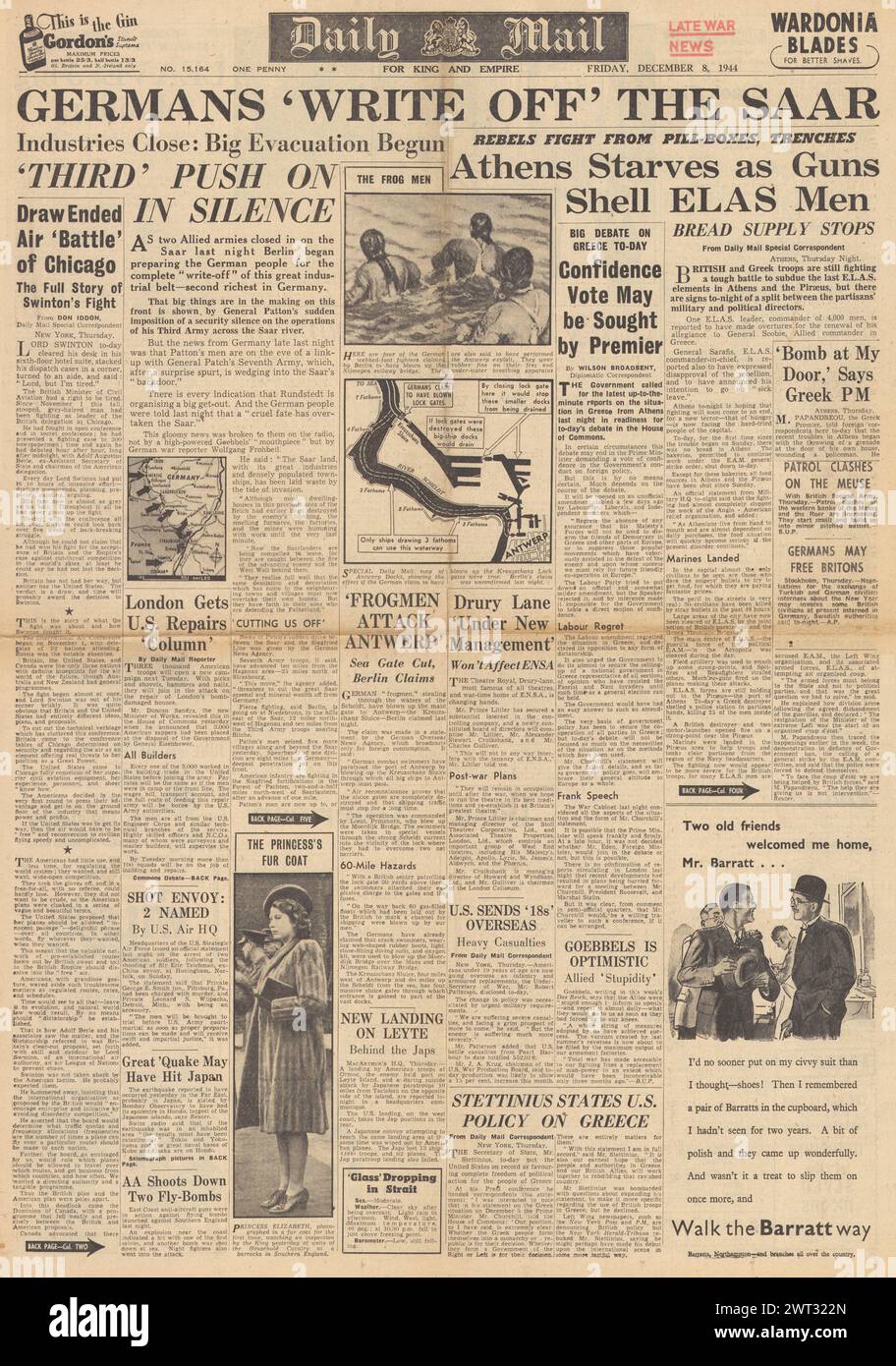 1944 Daily Mail Titelseite berichtet über Unruhen in Griechenland und die Evakuierung des Saarlandes Stockfoto