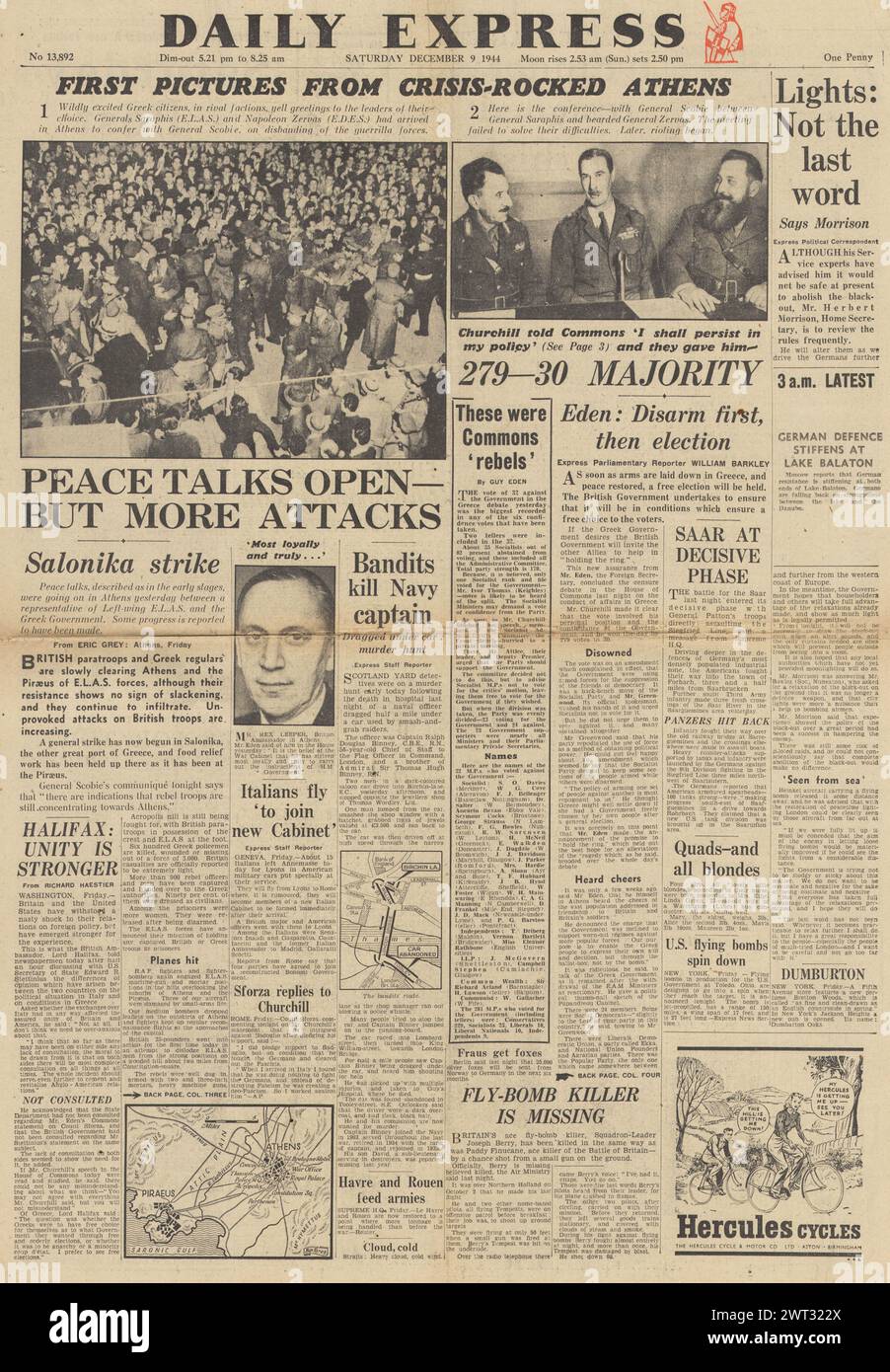 1944 Daily Express-Titelseite berichtet von Unruhen in Griechenland und Captain Ralph Binney tötete bei dem Versuch, Raubüberfall zu verhindern Stockfoto