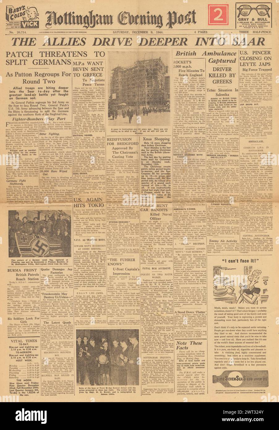 1944 Nottingham Evening Post, Titelseite über den Vormarsch der Alliierten im Saarland, die Unruhen in Griechenland, die Schlacht um Leyte und V2-Raketen Stockfoto