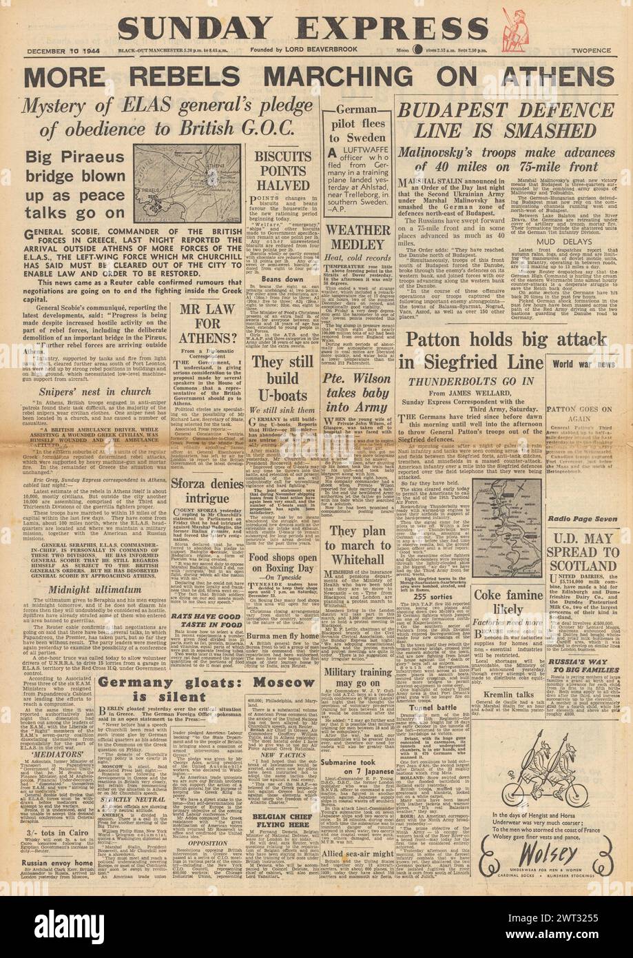 Die Titelseite des Sunday Express 1944 berichtet über Unruhen in Griechenland, den Angriff der Roten Armee auf Budapest und die Schlacht der US-Truppen an der Siegfried-Linie Stockfoto