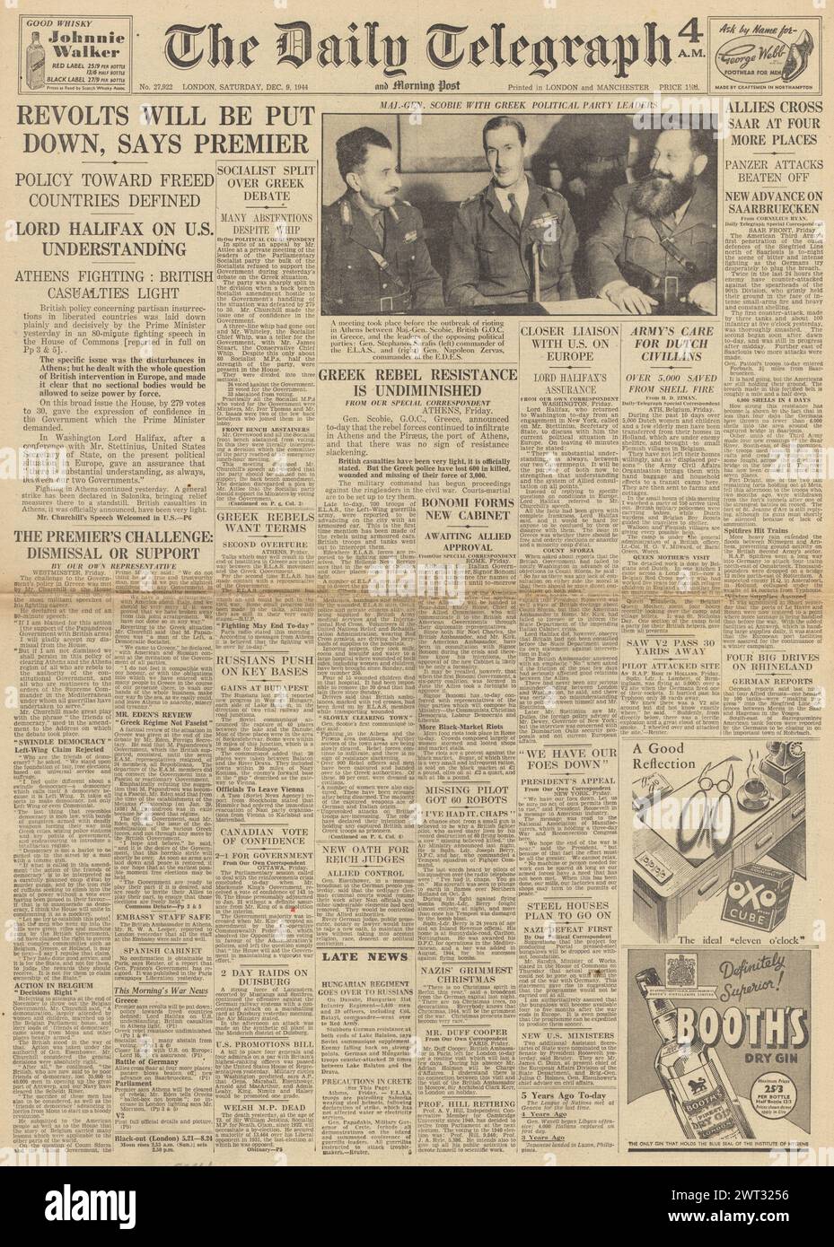 1944 die Titelseite des Daily Telegraph berichtet über Unruhen in Griechenland Stockfoto