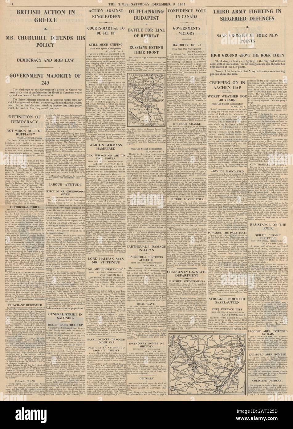1944 The Times berichtet von Unruhen in Griechenland, Rote Armee an der Flanke von Budapest, US-Truppen an der Siegfried-Linie und Erdbeben in Japan Stockfoto