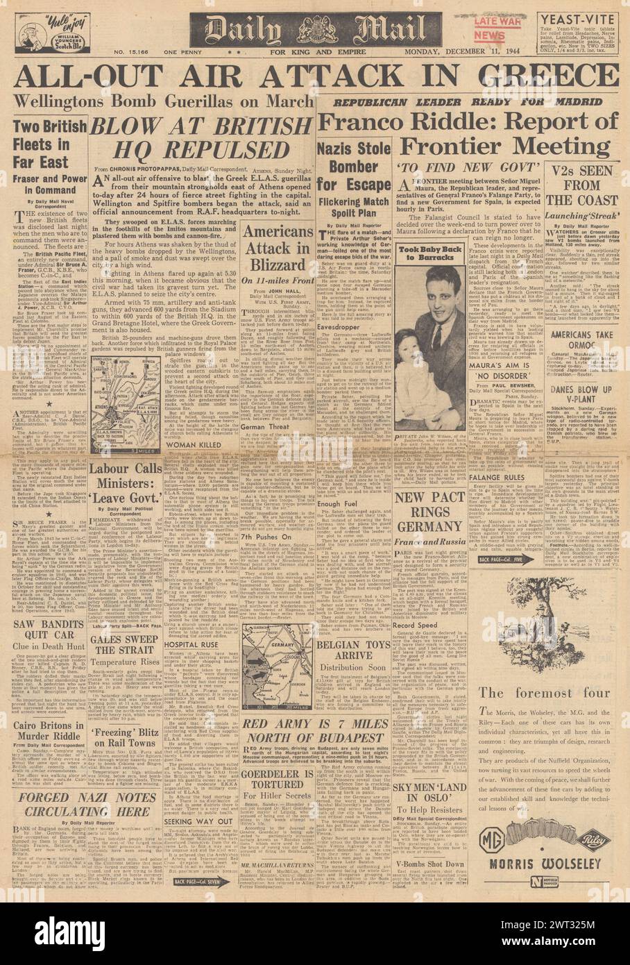 1944 Daily Mail-Titelseite berichtet über Unruhen in Griechenland und Fahrt der Roten Armee nach Budapest Stockfoto