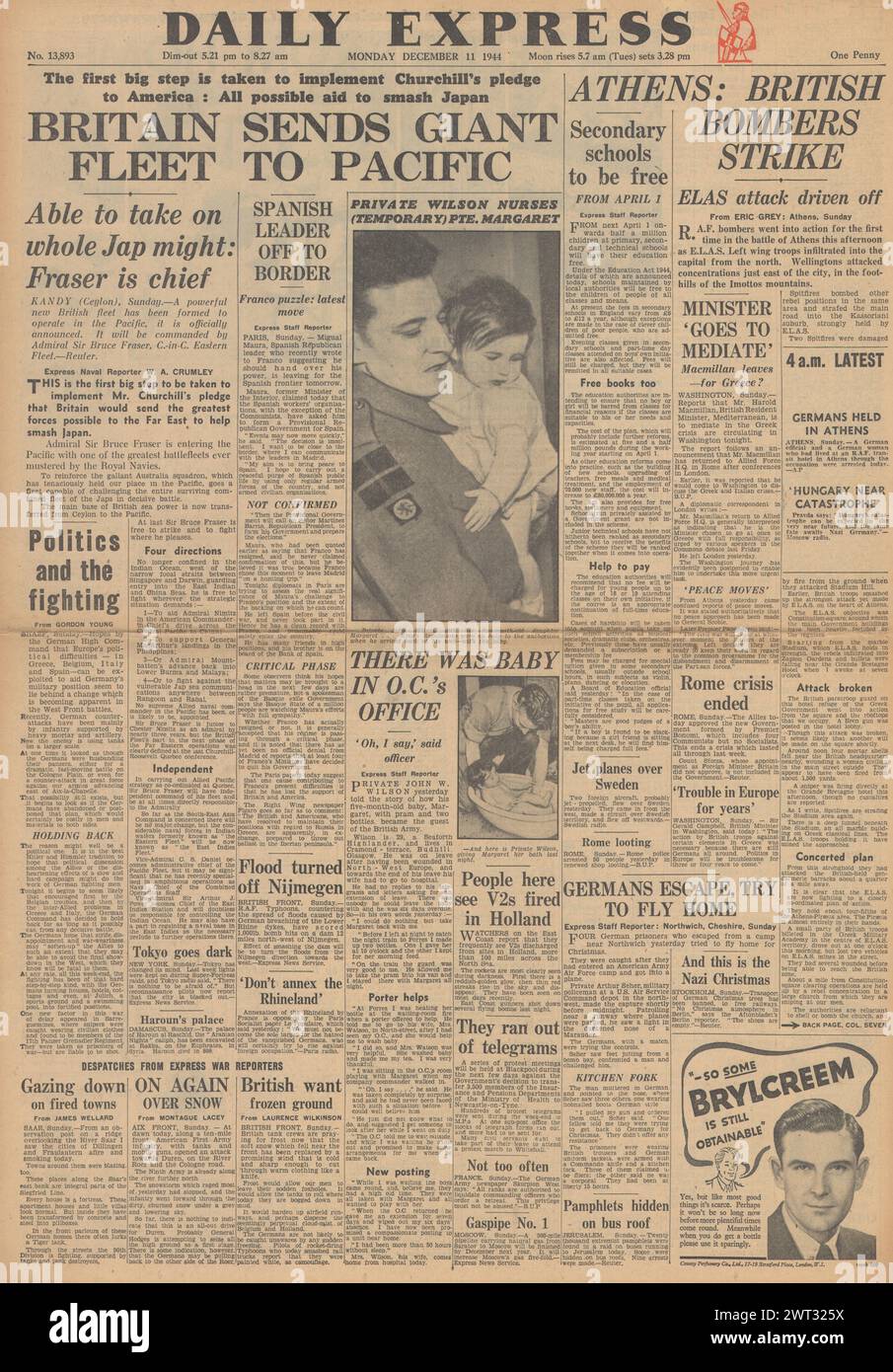 1944 Daily Express-Titelseite meldet Unruhen in Griechenland und die Royal Navy-Flotte fliegt in den Pazifik Stockfoto