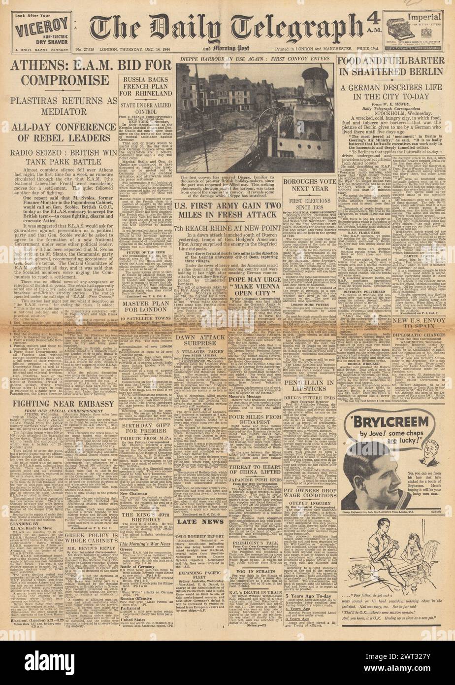 1944 die Titelseite des Daily Telegraph berichtet über Unruhen in Griechenland Stockfoto