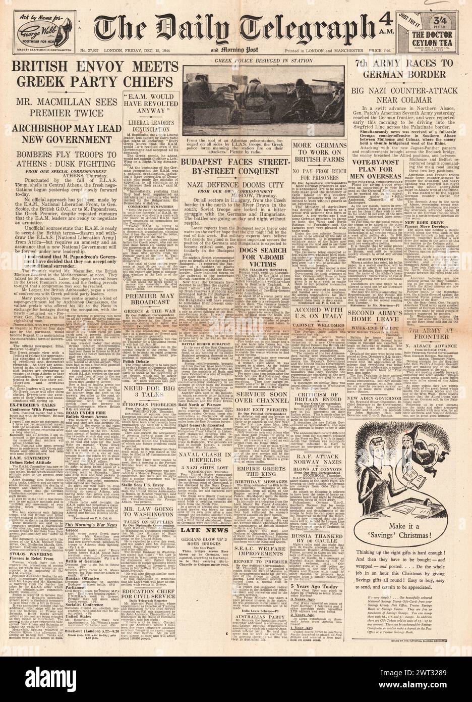 1944 die Titelseite des Daily Telegraph berichtet über Unruhen in Athen, die Schlacht um Budapest und die 7. US-Armee erreichen die deutsche Grenze Stockfoto