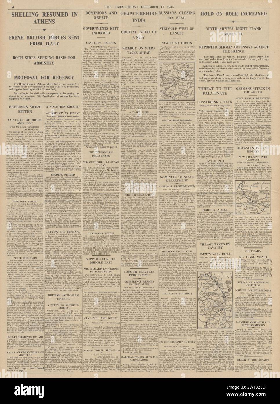 1944 meldete die Times Unruhen in Athen, die Rote Armee nähert sich Budapest und US-Truppen auf dem Roer Stockfoto