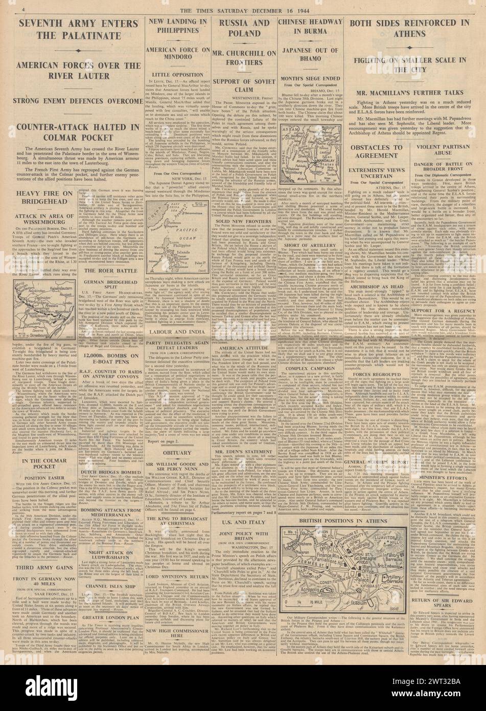 1944 die Times berichtet von Unruhen in Athen, Churchill sucht ein Treffen mit Roosevelt und Stalin und US-Truppen über die deutsche Grenze aus dem Elsass Stockfoto