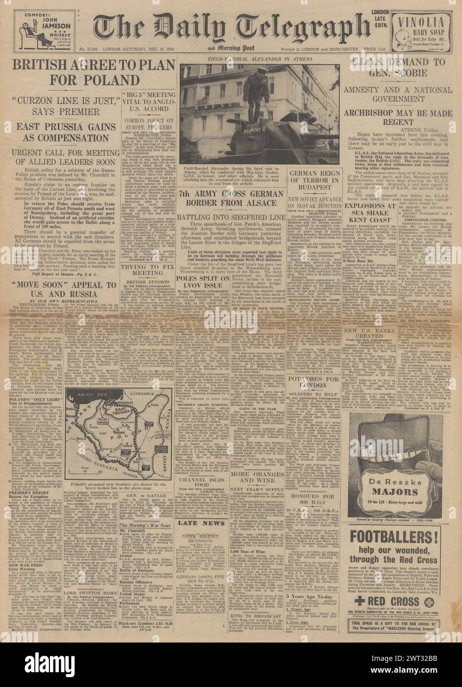1944 die Titelseite des Daily Telegraph berichtet über Unruhen in Athen, Churchill sucht ein Treffen mit Roosevelt und Stalin und US-Truppen über die deutsche Grenze aus dem Elsass Stockfoto