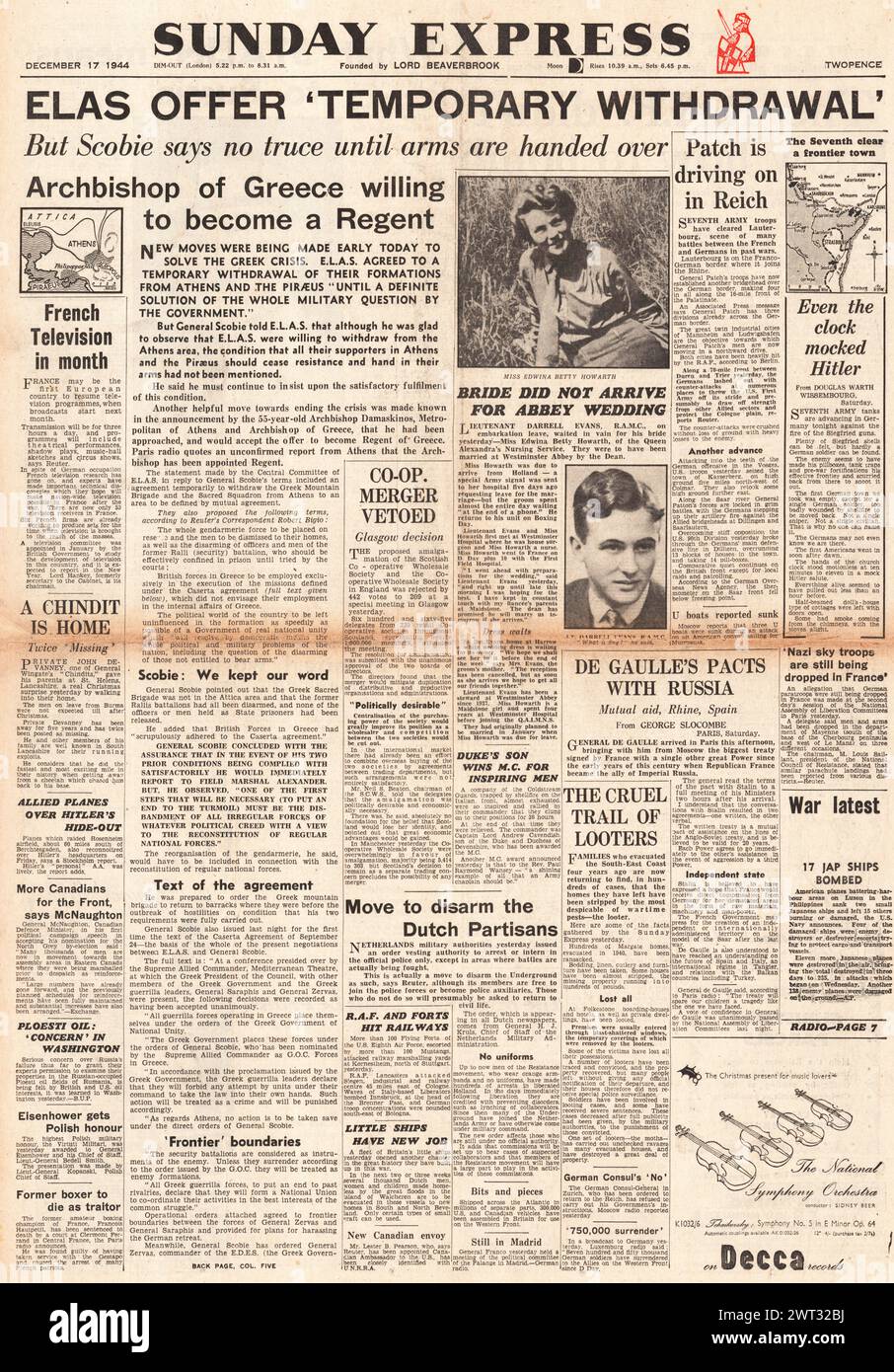 1944 Sunday Express-Titelseite, die Unruhen in Griechenland meldet Stockfoto