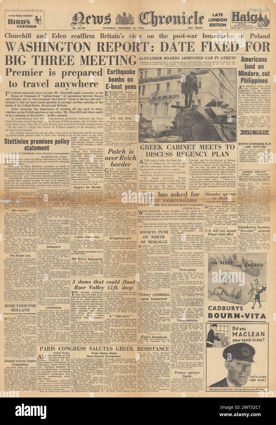 1944 News Chronicle Titelseite berichtet über Unruhen in Athen, Churchill sucht ein Treffen mit Roosevelt und Stalin und US-Truppen landen auf Mindoro Stockfoto