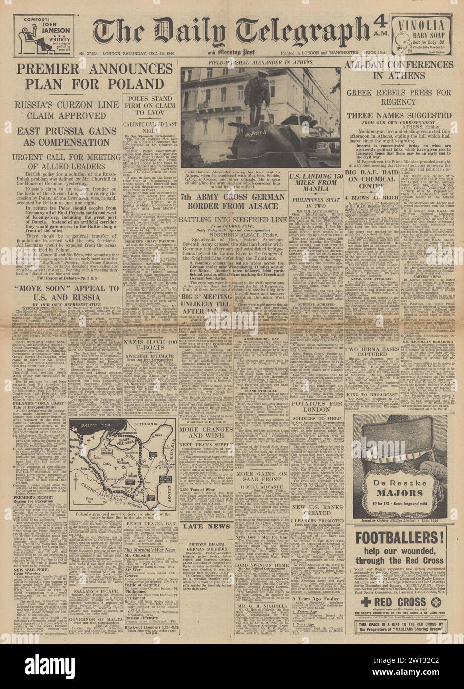 1944 die Titelseite des Daily Telegraph berichtet über Unruhen in Athen, Churchill sucht ein Treffen mit Roosevelt und Stalin und US-Truppen über die deutsche Grenze aus dem Elsass Stockfoto
