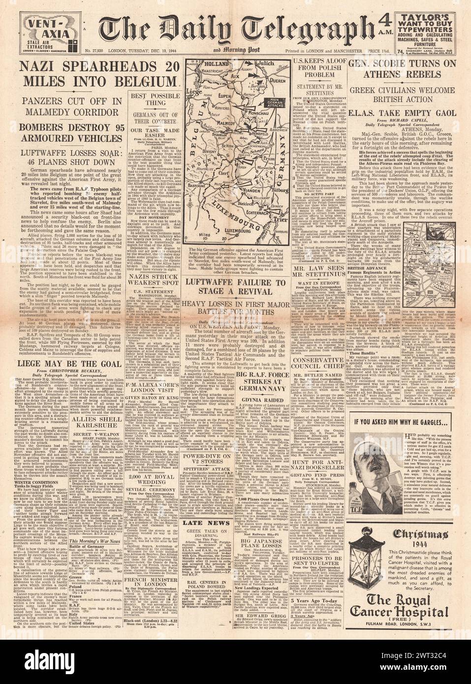 1944 die Titelseite des Daily Telegraph berichtet über die Battle of the Bulge und Friedensgespräche in Athen Stockfoto