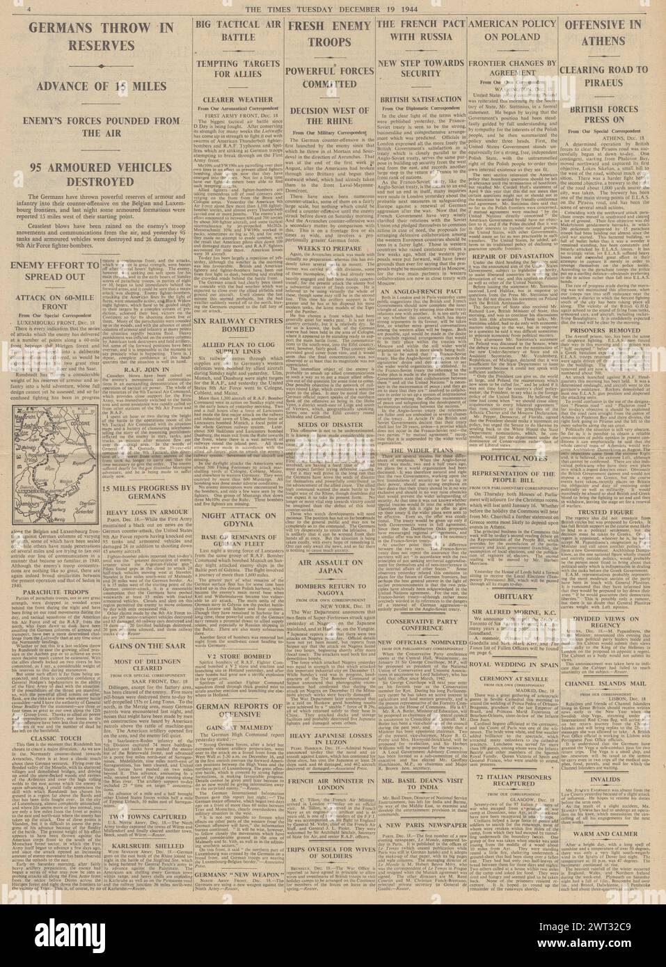 1944 The Times berichtet über die Ardenschlacht und Friedensverhandlungen in Athen Stockfoto