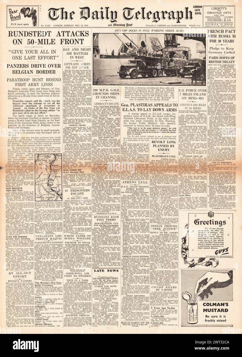 1944 die Titelseite des Daily Telegraph berichtet über die Battle of the Bulge und Friedensgespräche in Athen Stockfoto