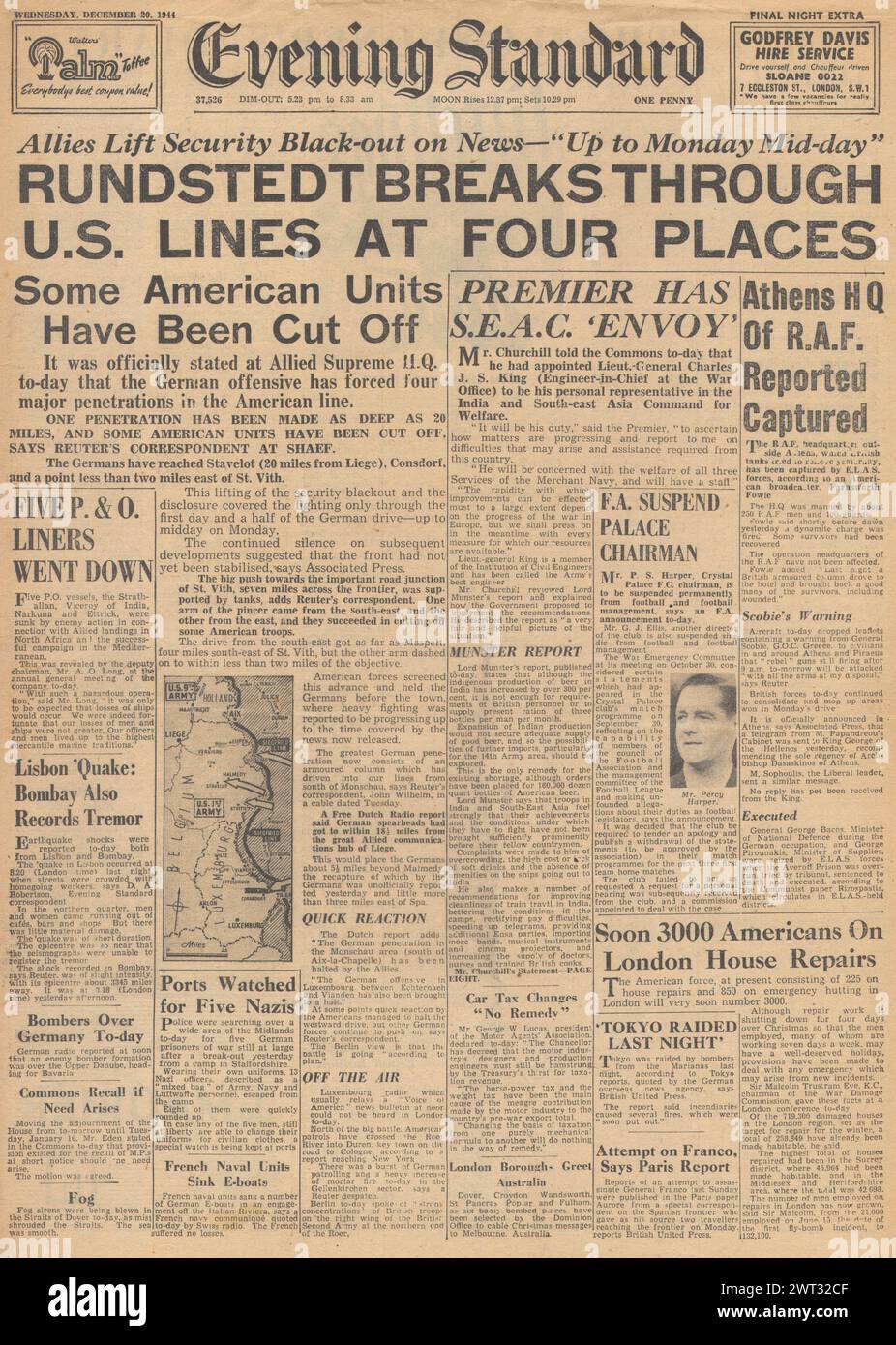 1944 Evening Standard-Titelseite, die Battle of the Bulge berichtet Stockfoto