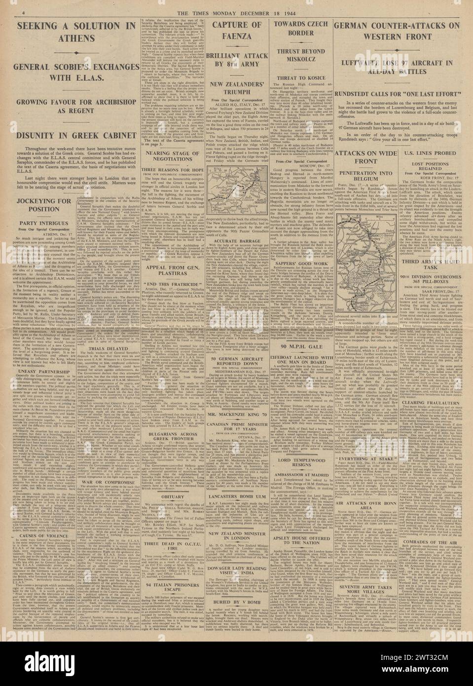 1944 berichtete die Times von der Ardenschlacht, der Achten Armee eroberte Faenza, Friedensverhandlungen in Athen, der Roten Armee in Richtung tschechischer Grenze und schweren Luftwaffenverlusten Stockfoto