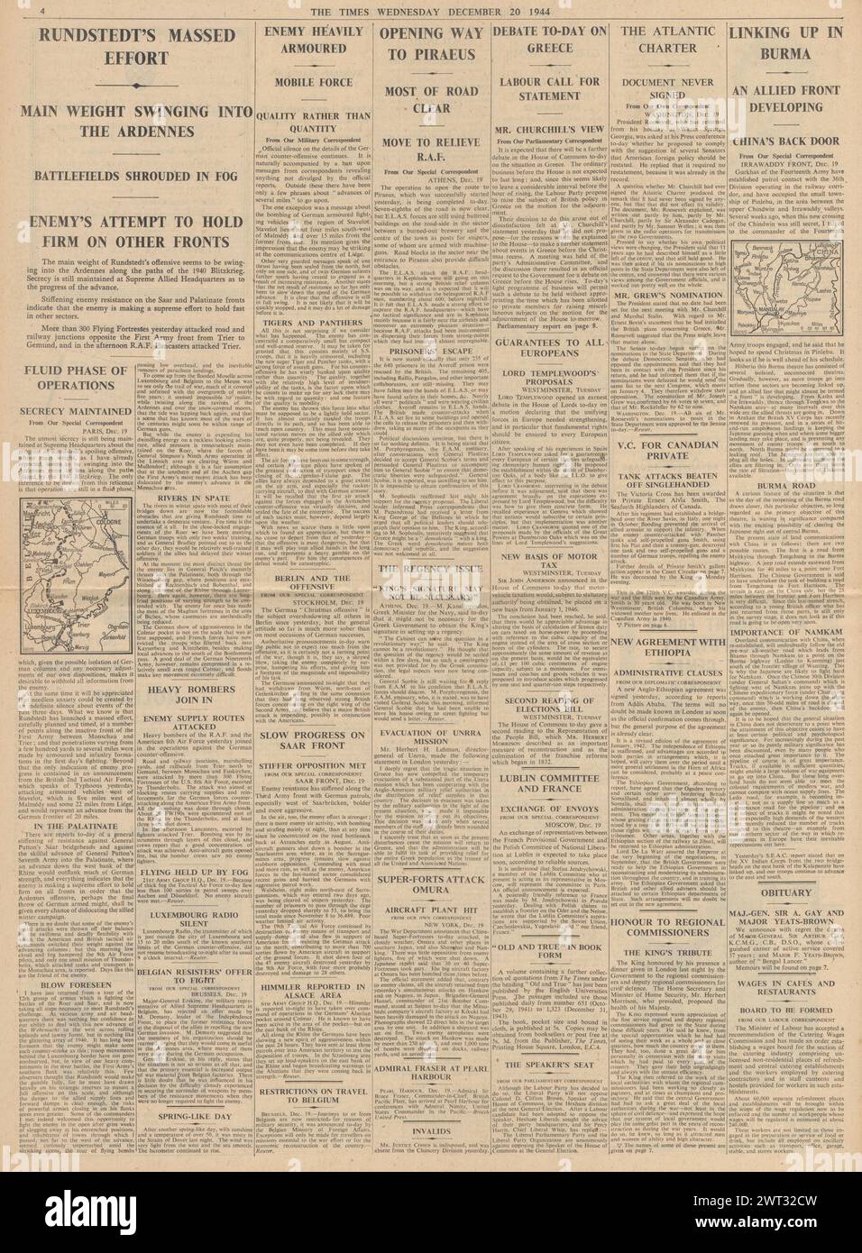 1944 The Times berichtet über die Battle of the Bulge, die Debatte des Parlaments in Griechenland, die Atlantikcharta wurde nicht unterzeichnet, die Alliierten schließen sich in Birma an und die VC wurde Ernest Smith verliehen Stockfoto