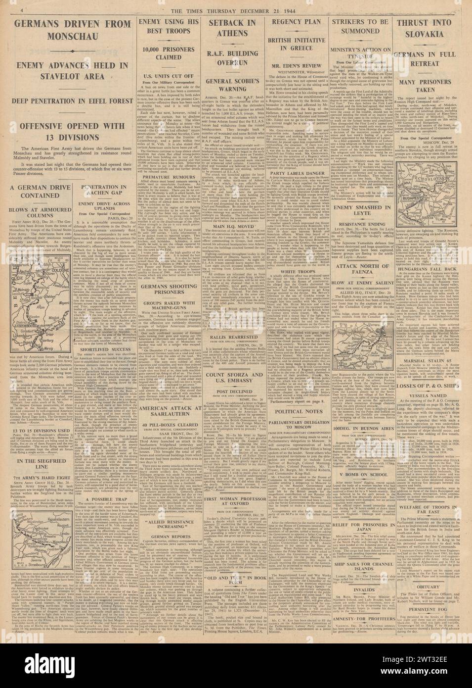 1944 berichtete die Times über die Ardenschlacht, die Unruhen in Griechenland und die Rote Armee in der Slowakei Stockfoto
