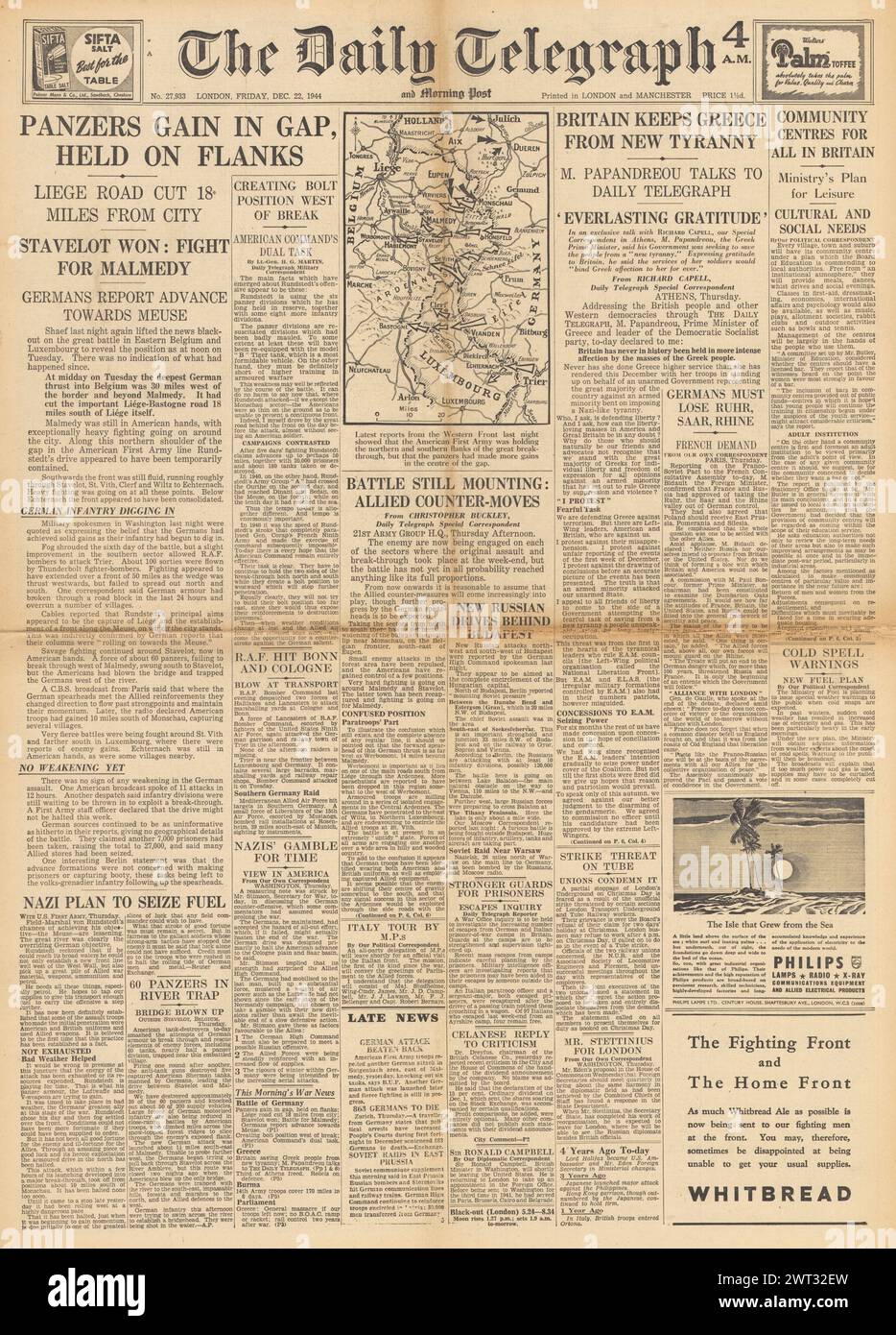 1944 die Titelseite des Daily Telegraph berichtet über die Ardenschlacht und die Unruhen in Griechenland Stockfoto