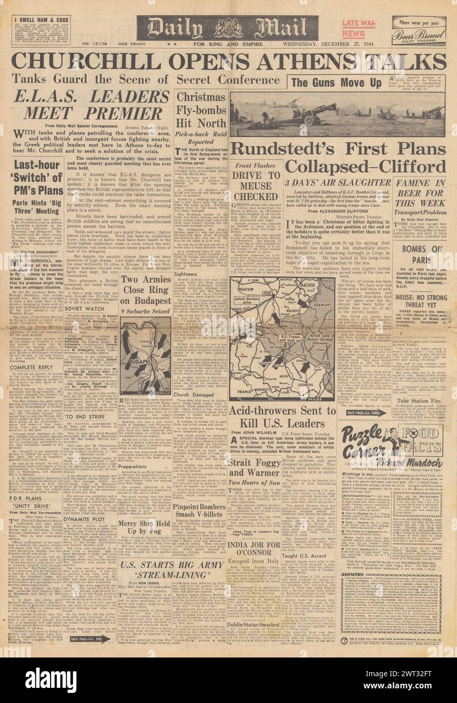 1944 Daily Mail-Titelseite berichtet über die Battle of the Bulge und Churchill in Athen für Krisengespräche Stockfoto