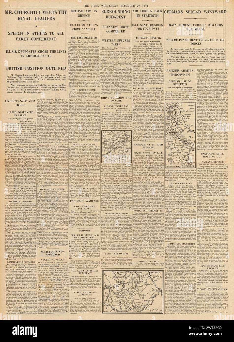 1944 die Times, die die Schlacht der Bulge meldete, Churchill in Athen für Krisengespräche und die Rote Armee umgeben Budapest Stockfoto