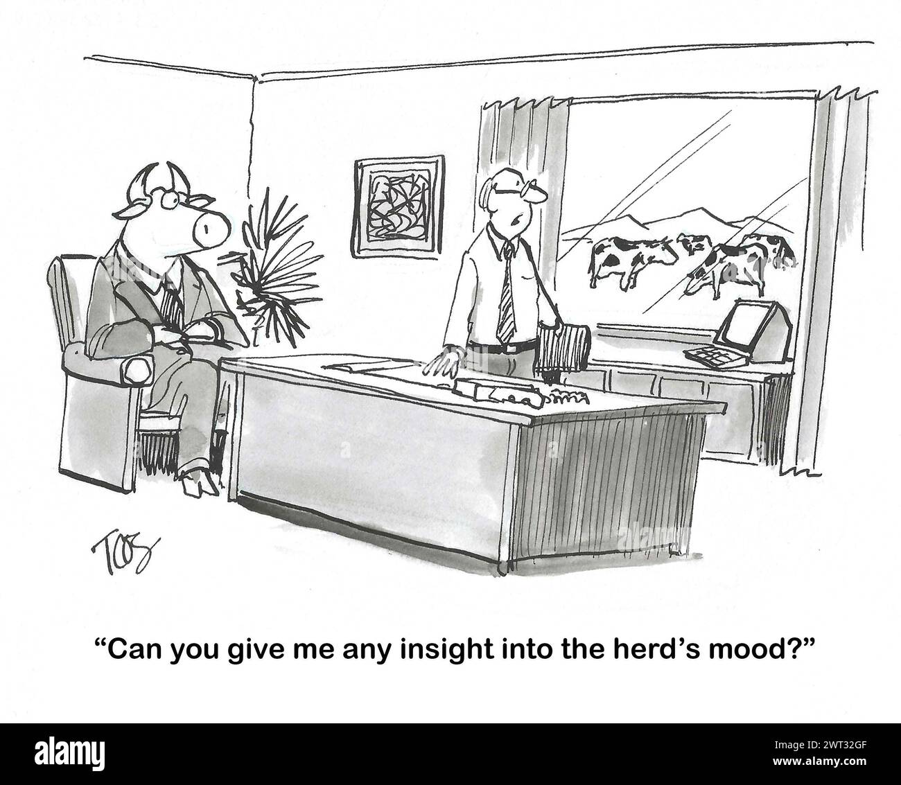 BW-Cartoon eines Geschäftsmannes, der die Hauptkuh fragt, wie es der Herde geht. Stockfoto