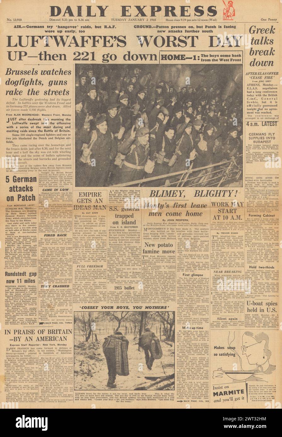1945 Daily Express-Titelseite berichtet über Verluste bei schweren Luftwaffen, die Ardenschlacht und Unruhen in Griechenland Stockfoto