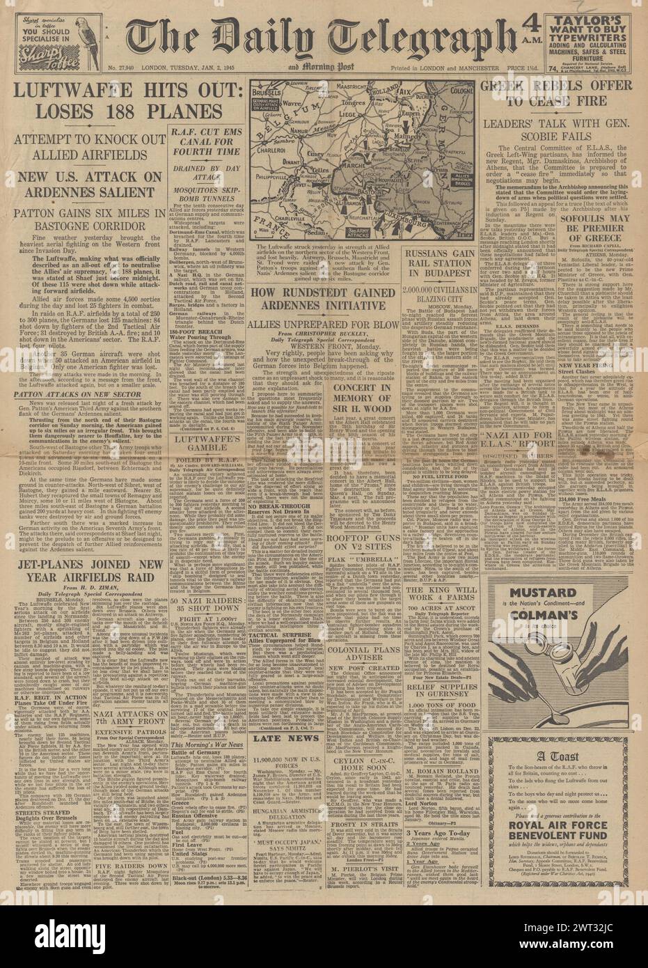 1945 die Titelseite des Daily Telegraph berichtet über die Verluste der schweren Luftwaffe, die Ardenschlacht, die Unruhen in Griechenland und die Schlacht von Budapest Stockfoto