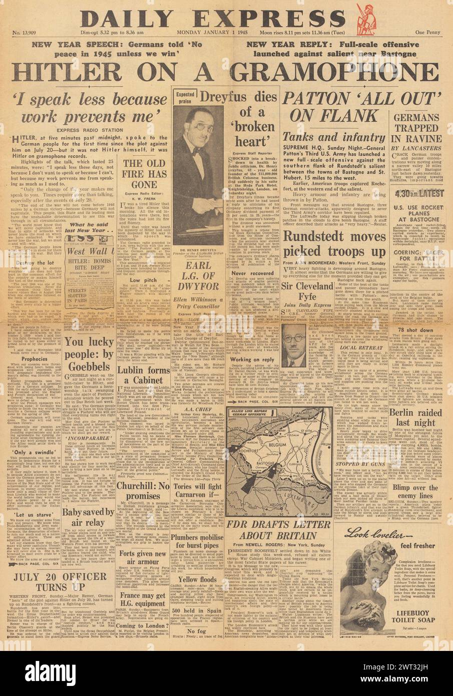 1945 Daily Express-Titelseite berichtet über die Battle of the Bulge und die Hitlerrede an das deutsche Volk Stockfoto