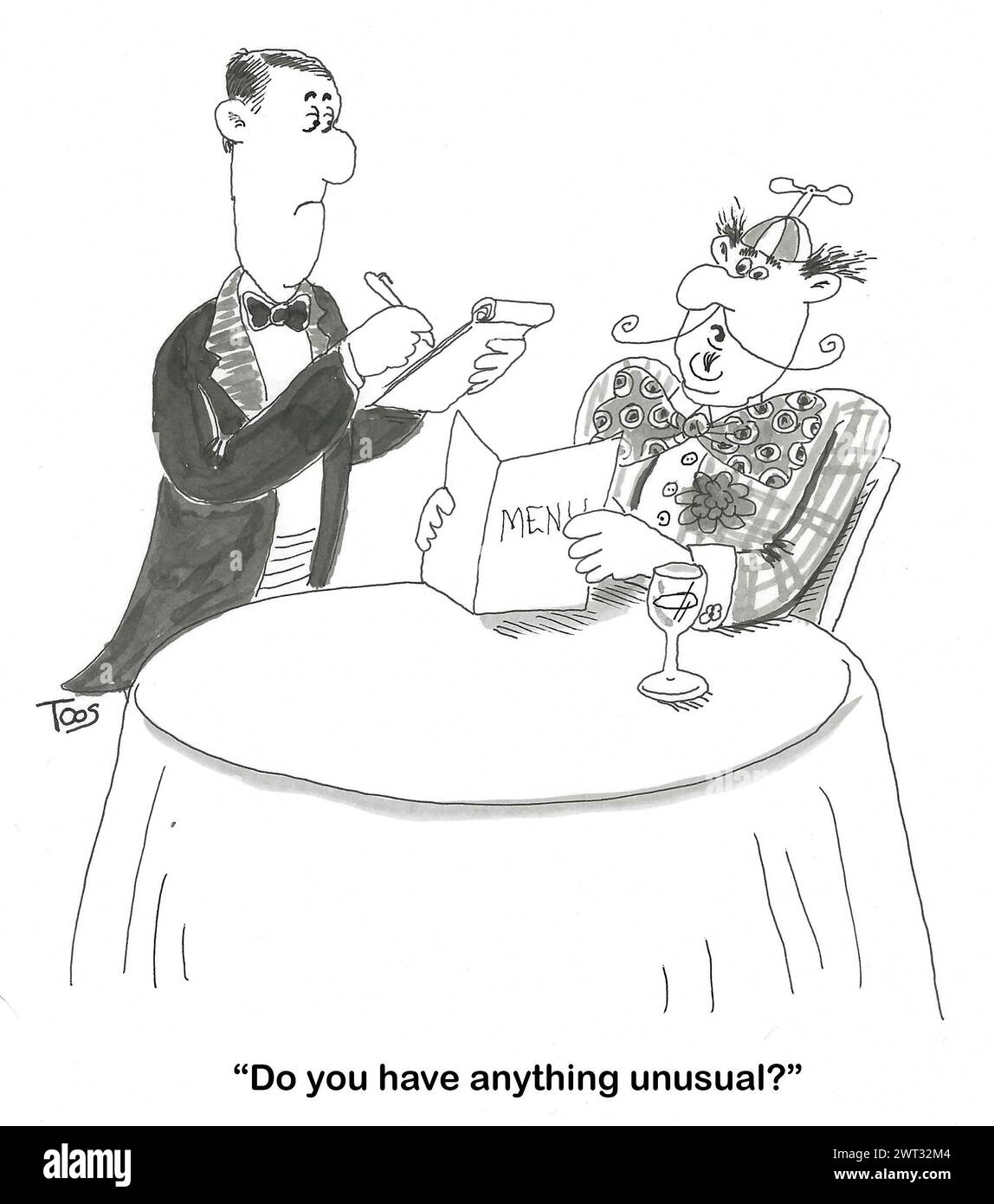 BW-Cartoon eines exzentrischen Mannes, der den Kellner im Restaurant fragt, ob er etwas Ungewöhnliches serviert. Stockfoto