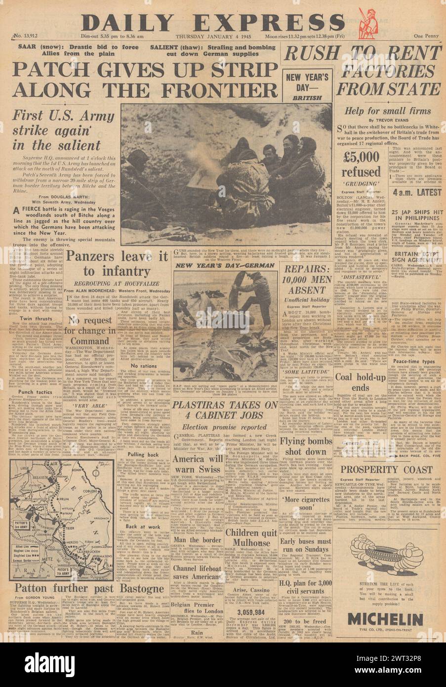 1945 Daily Express-Titelseite berichtet über die Ardenschlacht und die Saarschlacht Stockfoto