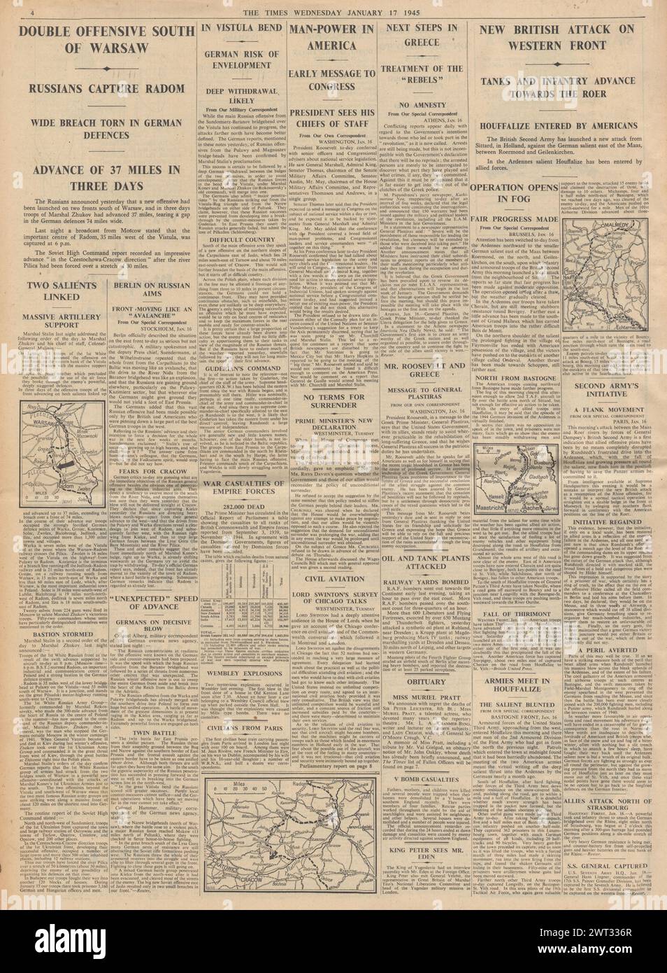 1945 meldete die Times, dass die Rote Armee Radom erobert, die Battle of the Bulge, britische Truppen an der Westfront vorrücken und US-Truppen in Houffalize einmarschieren Stockfoto